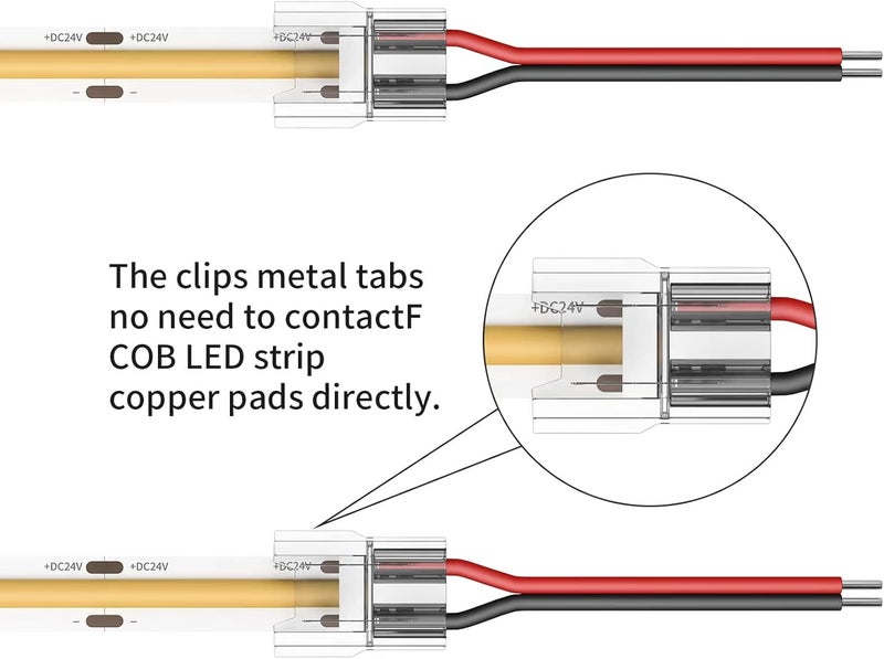 VISDOLL 20 Pack COB LED Connectors, Single-Ended Extension Cable 15CM Solderless Pin Header 2Pin 8mm Transparent PC Low Voltage Single Color Light Strip Cable, Suitable for DIY COB/SMD Light Strips - Image 5